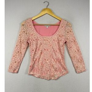 Coquette Romantic Moa Moa Womens L Pink Floral Lace 3/4 Sleeve Scoop Neck Top